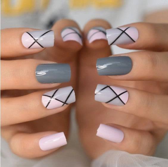 Press On Nails Pink Glossy Square Gray Nail Kit