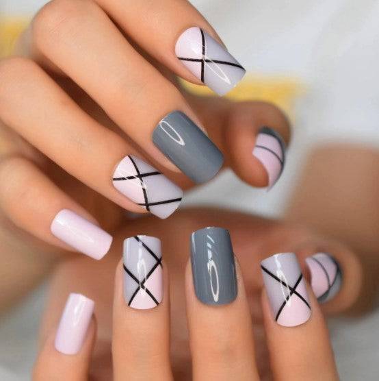 Press On Nails Pink Glossy Square Gray Nail Kit