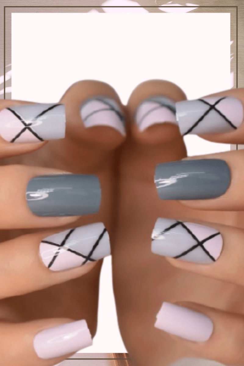 Press On Nails Pink Glossy Square Gray Nail Kit