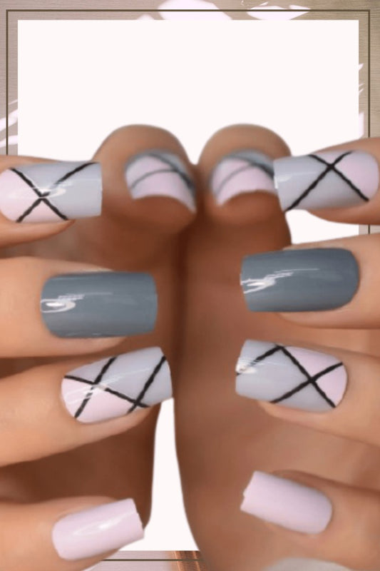 Press On Nails Pink Glossy Square Gray Nail Kit