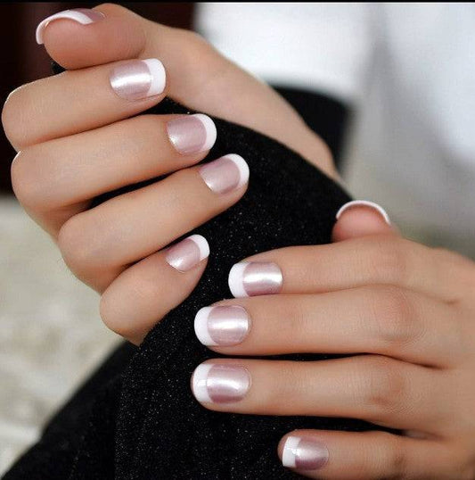 Press On Nails Pink Glossy White French Coffin Nail Kit