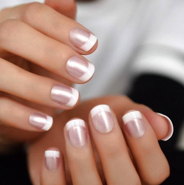 Press On Nails Pink Glossy White French Coffin Nail Kit