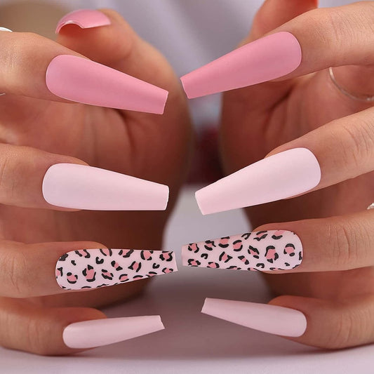 Press On Nails Pink Matte Coffin Leopard Nail Kit