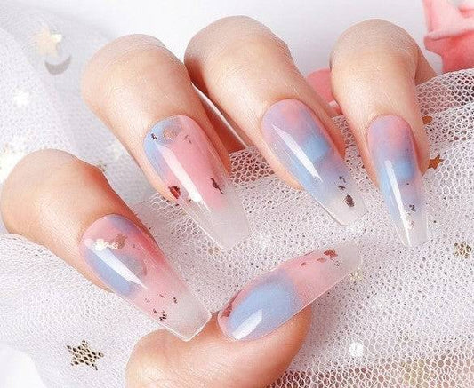 Press On Nails Pink Ombre Glossy Blue Coffin Gold Nail Kit