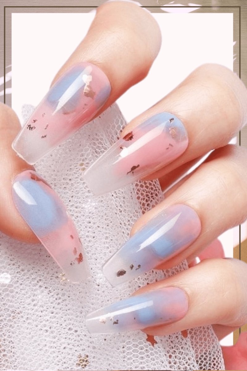 Press On Nails Pink Ombre Glossy Blue Coffin Gold Nail Kit