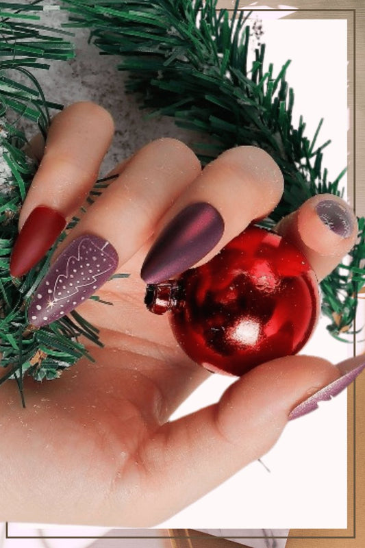 Press On Nails Purple And Red Matte Almond Christmas Tree Nail Kit