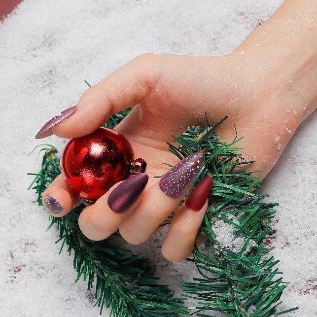 Press On Nails Purple And Red Matte Almond Christmas Tree Nail Kit