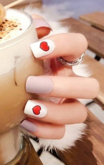 Press On Nails Purple And White Matte Square Heart Nail Kit