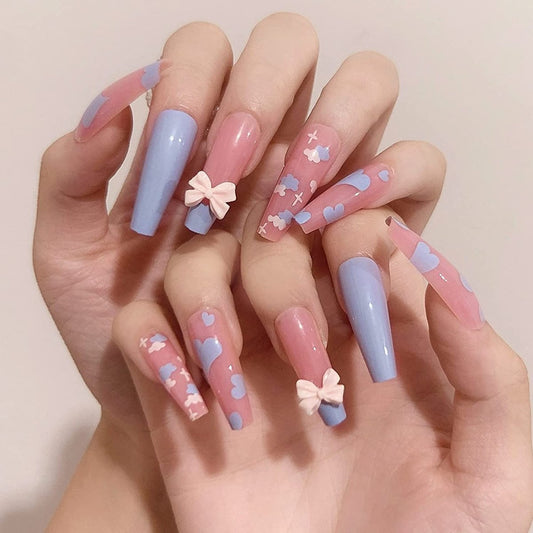 Press On Nails Purple Glossy French Coffin Cloud Nail Kit