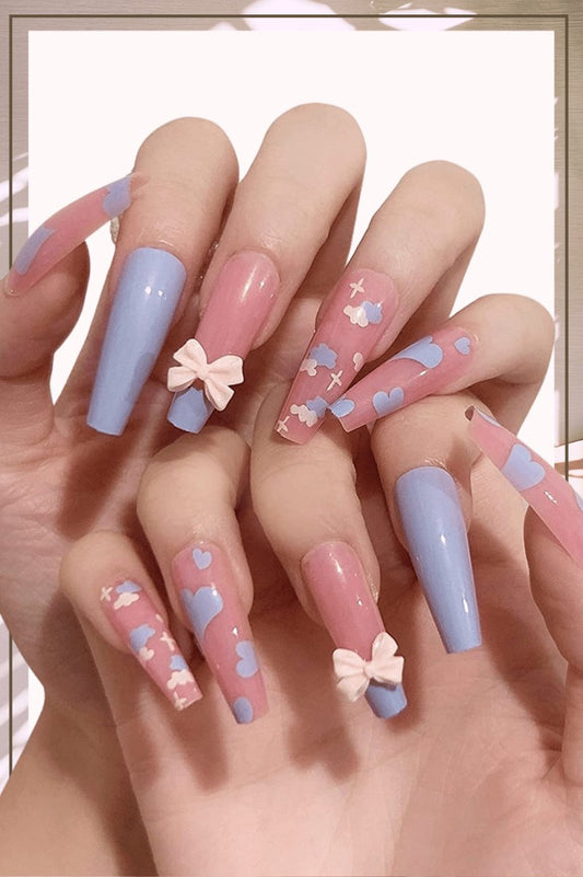 Press On Nails Purple Glossy French Coffin Cloud Nail Kit