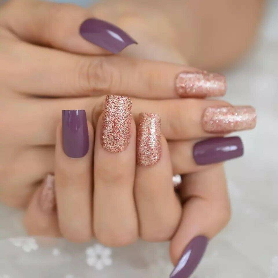 Press On Nails Purple Glossy Red Coffin Glitter Nail Kit