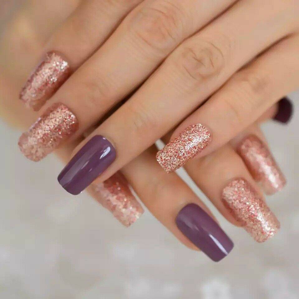 Press On Nails Purple Glossy Red Coffin Glitter Nail Kit