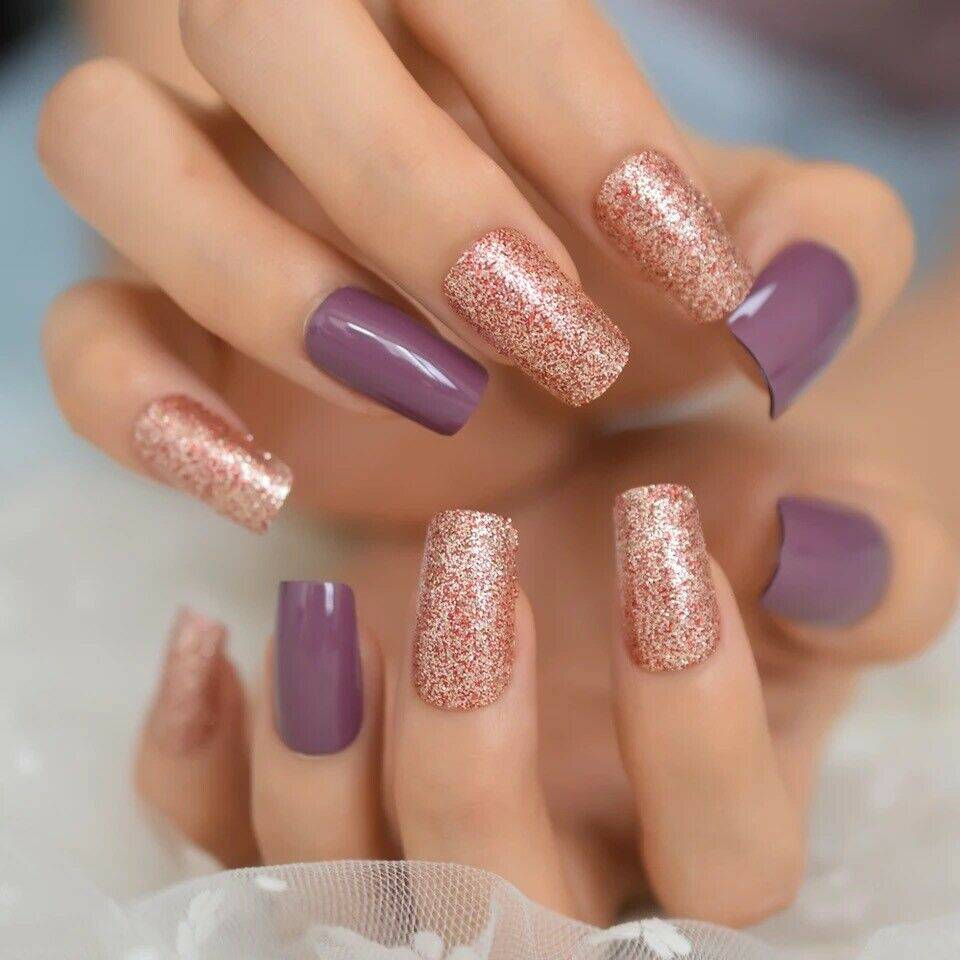 Press On Nails Purple Glossy Red Coffin Glitter Nail Kit