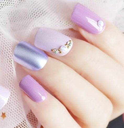 Press On Nails Purple Glossy Silver Square Crystal Nail Kit