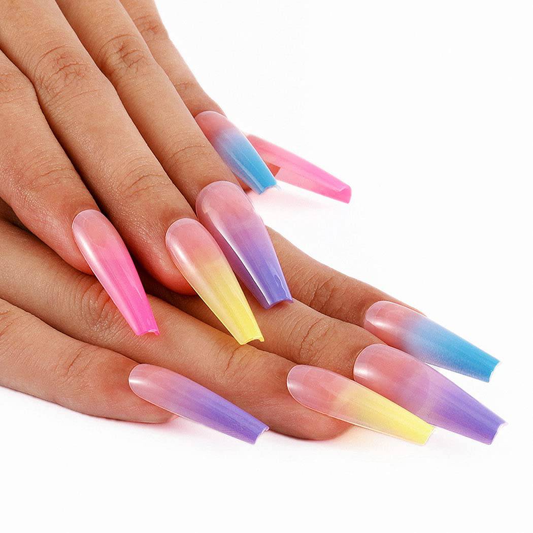 Press On Nails Rainbow Glossy Ombre Coffin Tip Nail Kit