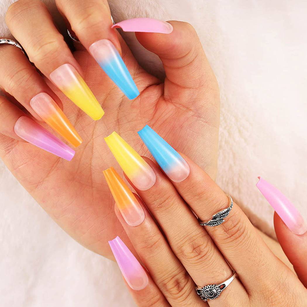 Press On Nails Rainbow Glossy Ombre Coffin Tip Nail Kit