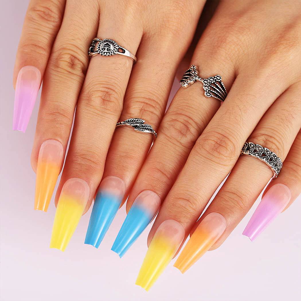 Press On Nails Rainbow Glossy Ombre Coffin Tip Nail Kit