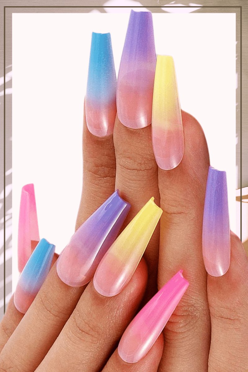 Press On Nails Rainbow Glossy Ombre Coffin Tip Nail Kit