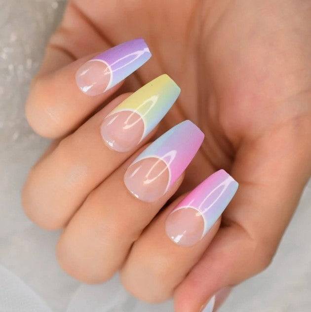Press On Nails Rainbow Glossy Ombre French Coffin Nail Kit