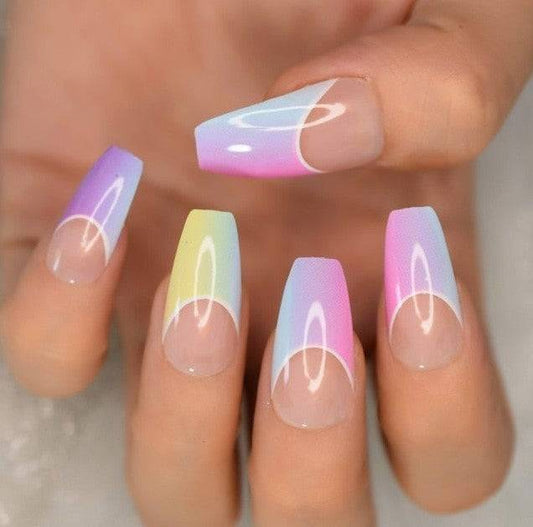 Press On Nails Rainbow Glossy Ombre French Coffin Nail Kit