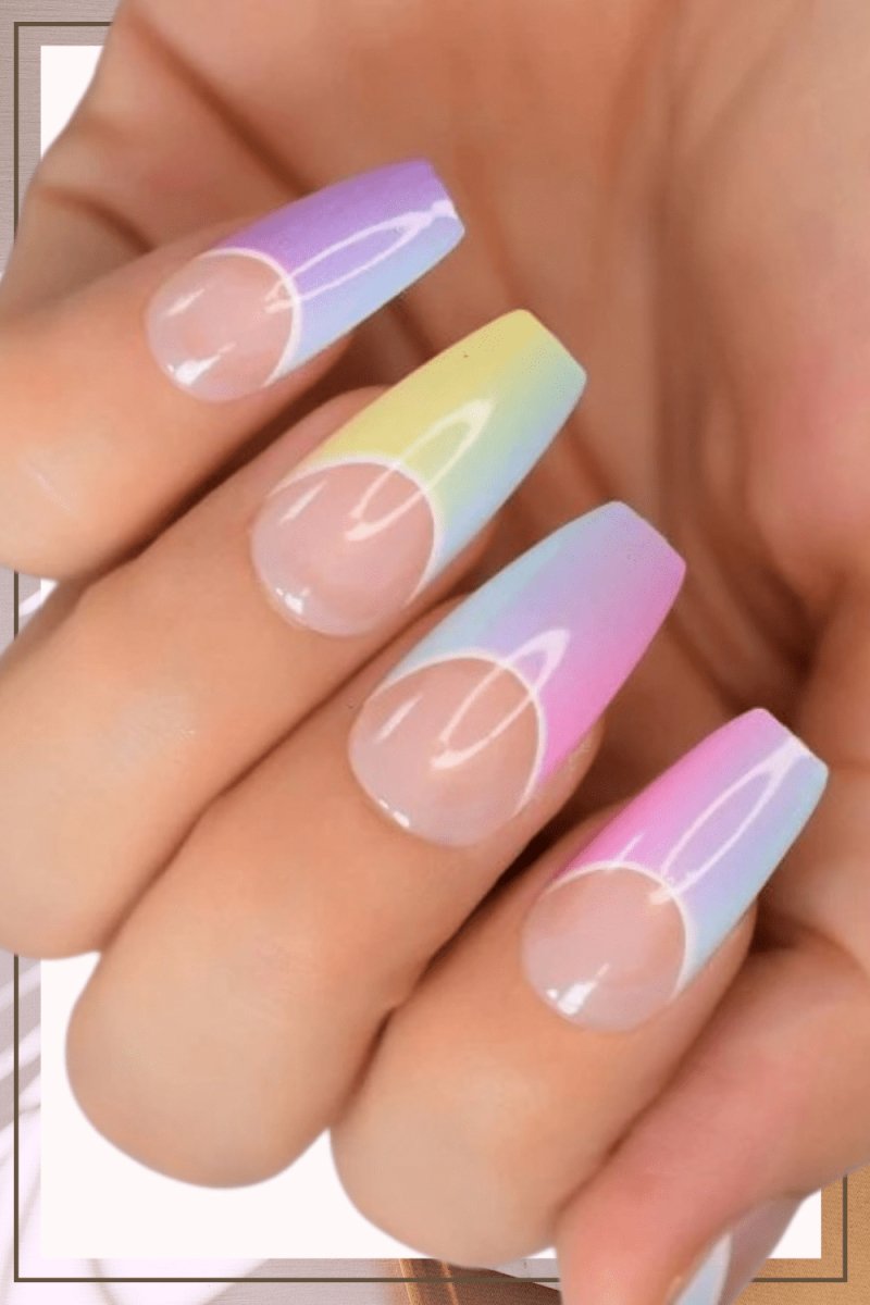 Press On Nails Rainbow Glossy Ombre French Coffin Nail Kit