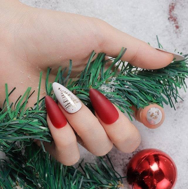 Press On Nails Red And White Matte Almond Christmas Tree Nail Kit