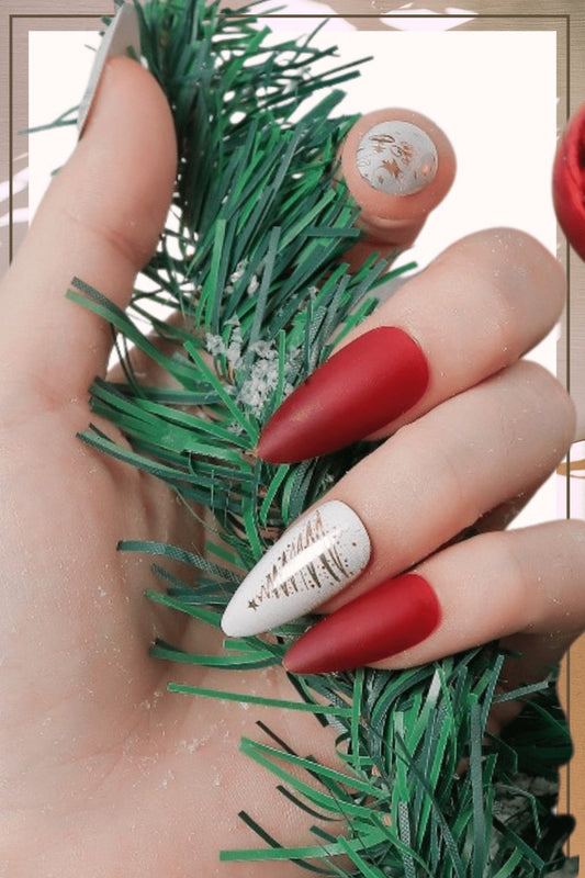 Press On Nails Red And White Matte Almond Christmas Tree Nail Kit