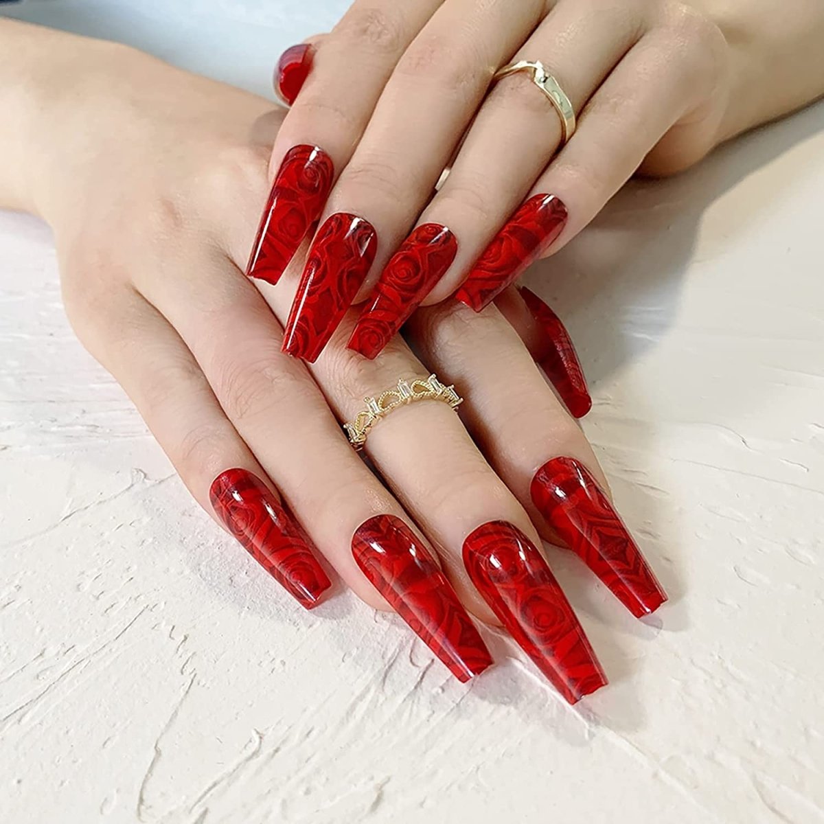 Press On Nails Red Glossy Coffin Rose Nail Kit