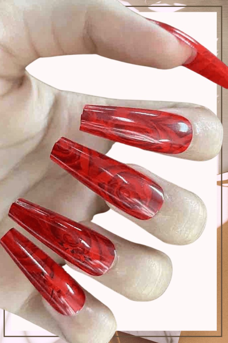 Press On Nails Red Glossy Coffin Rose Nail Kit