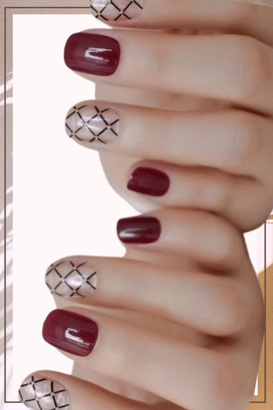 Press On Nails Red Glossy Round Gold Nail Kit