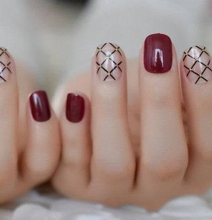 Press On Nails Red Glossy Round Gold Nail Kit