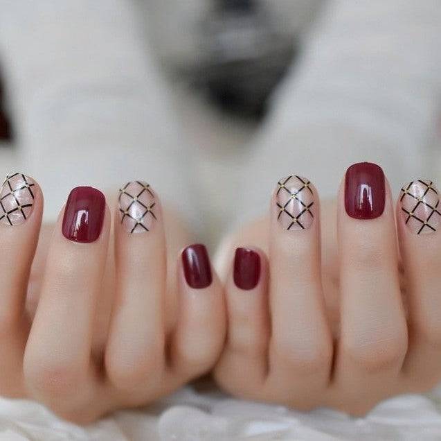 Press On Nails Red Glossy Round Gold Nail Kit