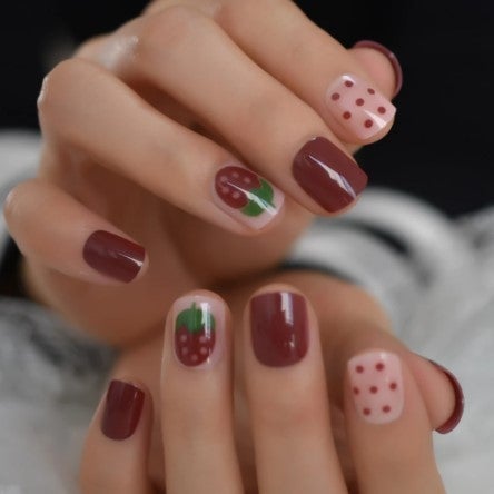 Press On Nails Red Glossy Round Strawberry Nail Kit