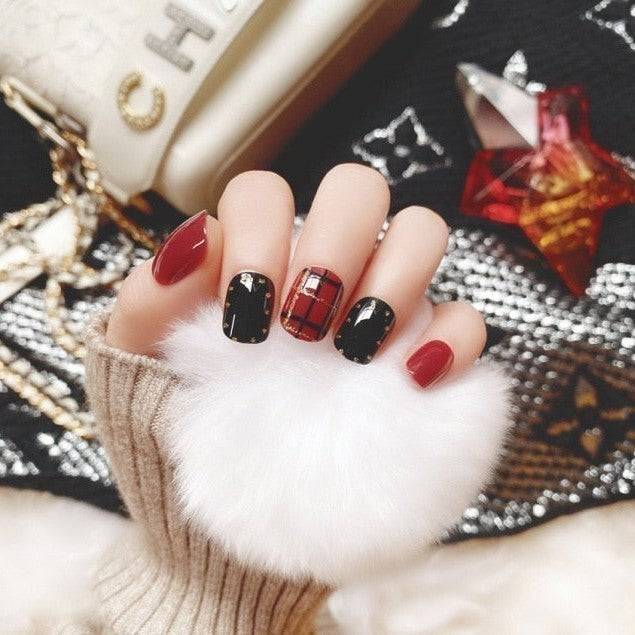Press On Nails Red Glossy Square Black Nail Kit