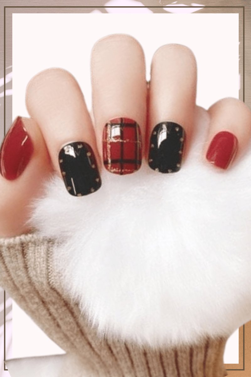 Press On Nails Red Glossy Square Black Nail Kit