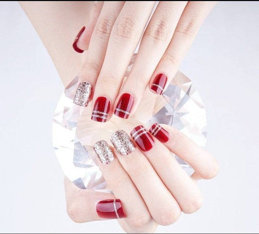 Press On Nails Red Glossy Square Silver Nail Kit