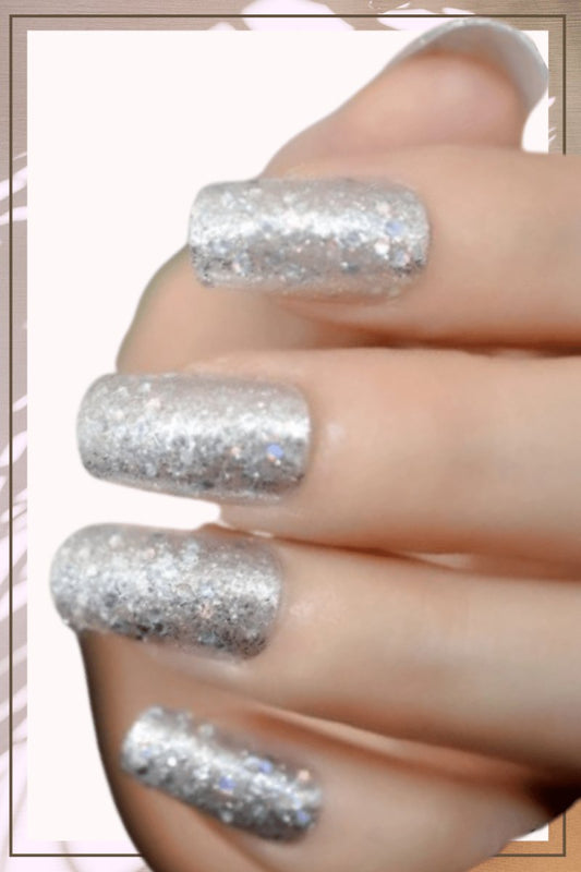 Press On Nails Silver Glitter Glossy Square Nail Kit