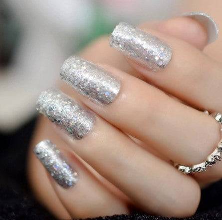 Press On Nails Silver Glitter Glossy Square Nail Kit