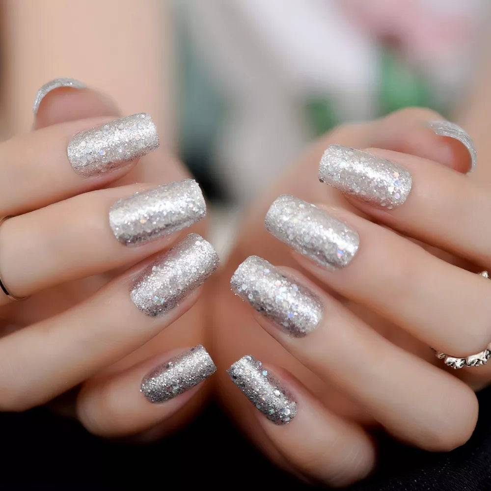 Press On Nails Silver Glitter Glossy Square Nail Kit