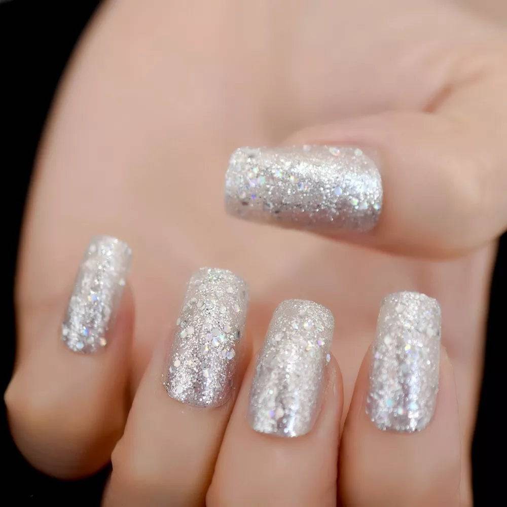 Press On Nails Silver Glitter Glossy Square Nail Kit