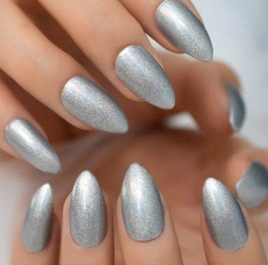 Press On Nails Silver Glossy Almond Shimmer Nail Kit