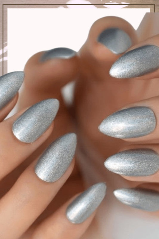 Press On Nails Silver Glossy Almond Shimmer Nail Kit