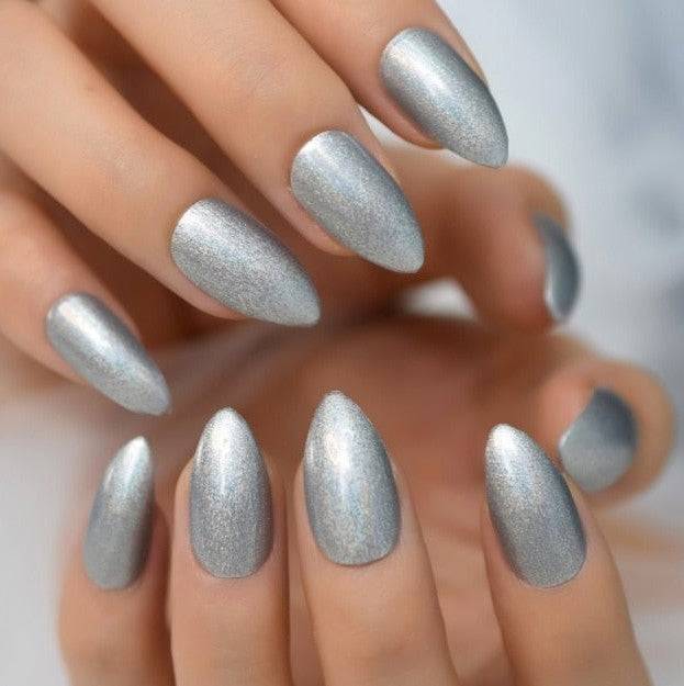 Press On Nails Silver Glossy Almond Shimmer Nail Kit