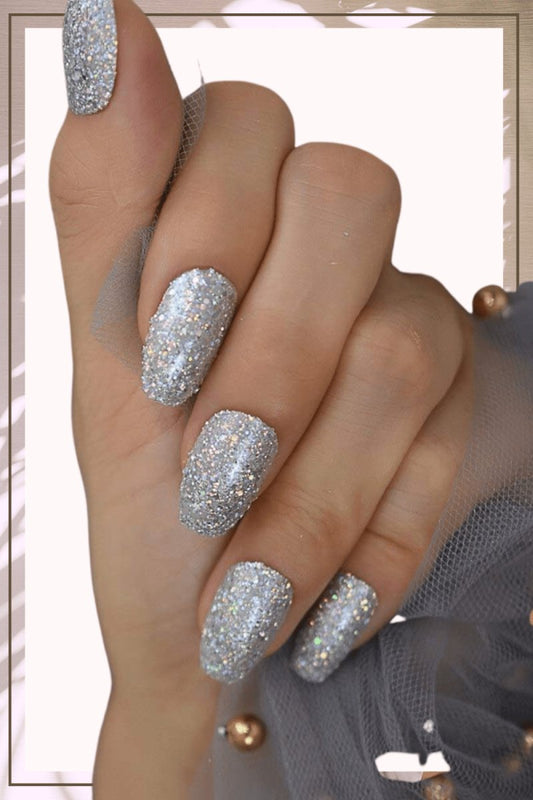 Press On Nails Silver Glossy Coffin Glitter Nail Kit