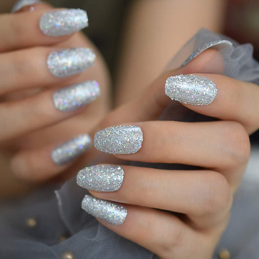 Press On Nails Silver Glossy Coffin Glitter Nail Kit