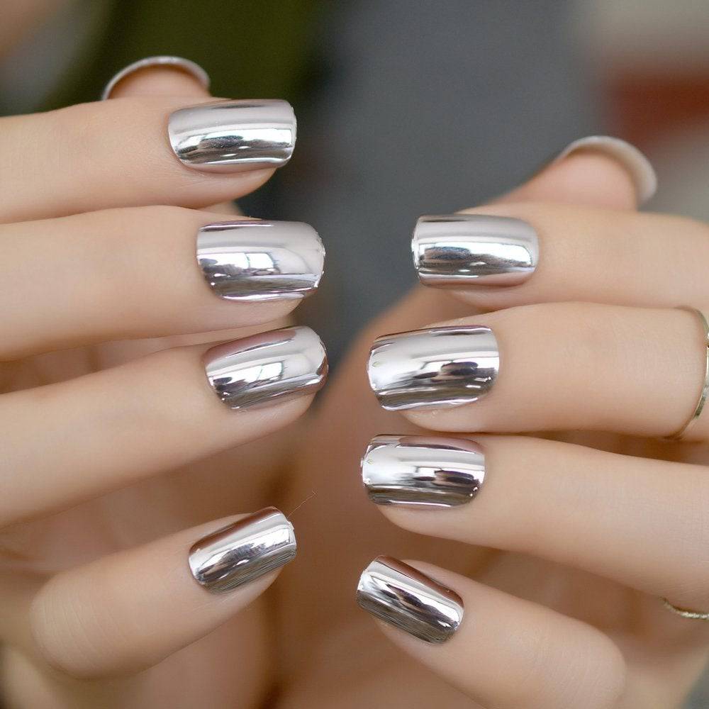 Press On Nails Silver Glossy Square Nail Kit