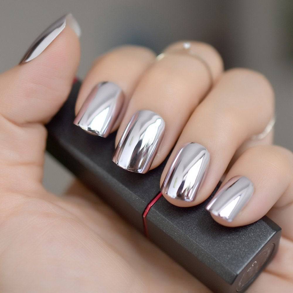 Press On Nails Silver Glossy Square Nail Kit