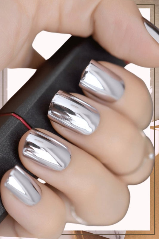 Press On Nails Silver Glossy Square Nail Kit