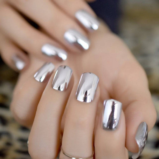 Press On Nails Silver Glossy Square Nail Kit