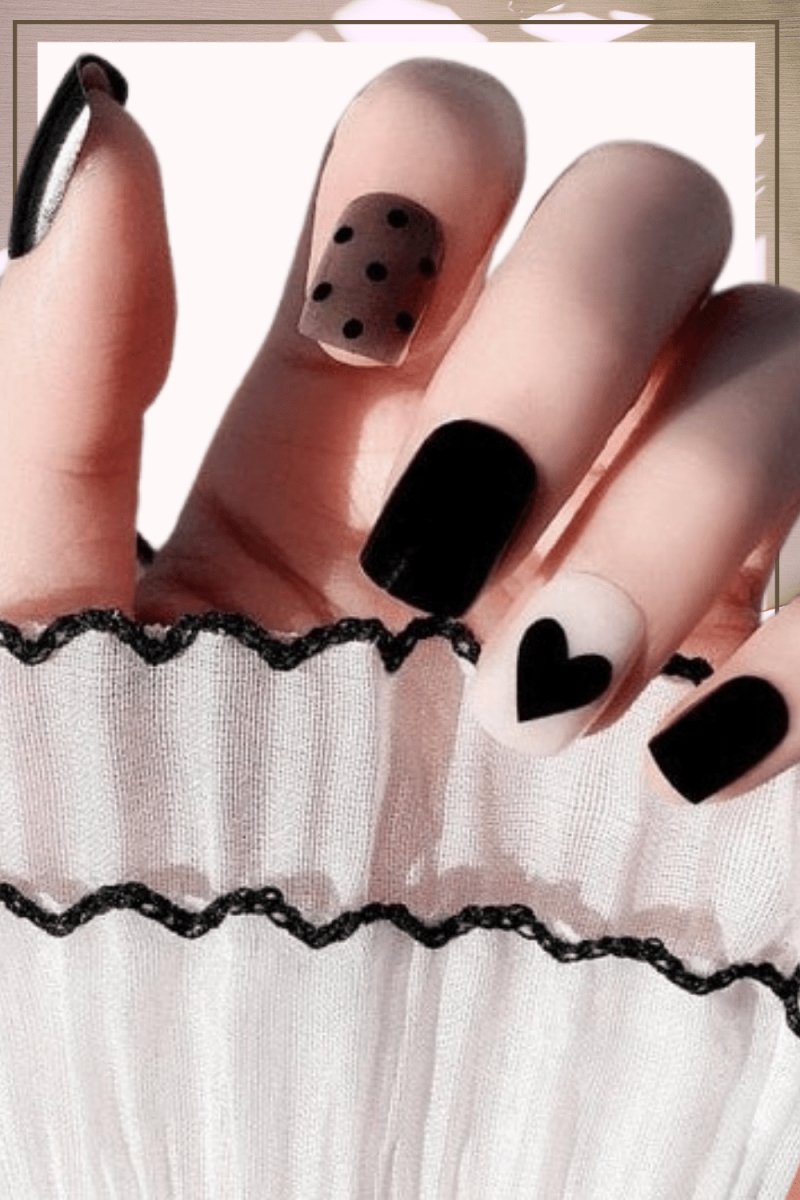 Press On Nails White And Black Glossy Square Heart Nail Kit